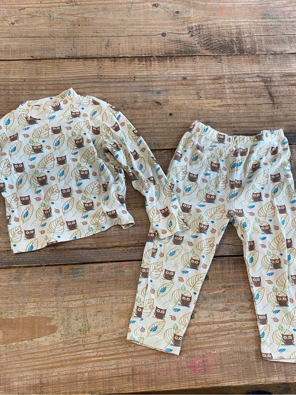 Kids 3T Cream Owl Print Pajama Set Two Pieces Long Sleeve Fall